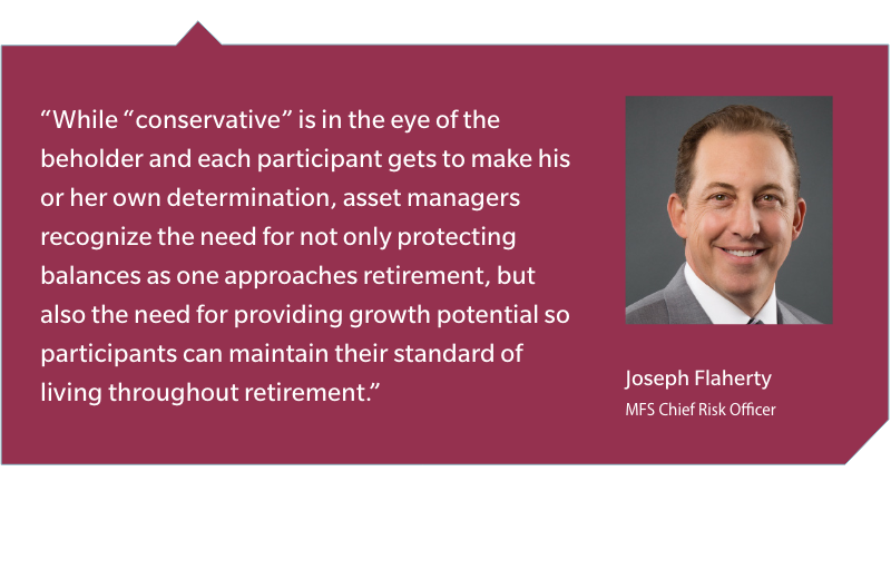 quote from joseph flaherty. Whilw "conservative" is in the eue of the beholder and each participant gets to make his or her own determination, asset managers recognize the need for not only protecting balances as one approaches retirement, but also the need for providing growth potential so participants can maintain their standard of living throughout retirement. 